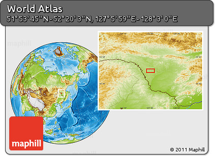 Physical Location Map of the Area around 52° 6' 54" N, 127° 34' 30" E