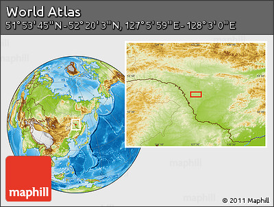 Physical Location Map of the Area around 52° 6' 54" N, 127° 34' 30" E