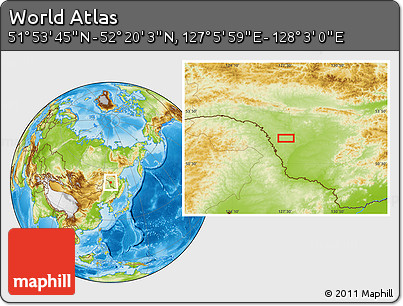 Physical Location Map of the Area around 52° 6' 54" N, 127° 34' 30" E