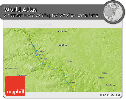 Physical 3D Map of the Area around 52° 6' 54" N, 128° 25' 30" E
