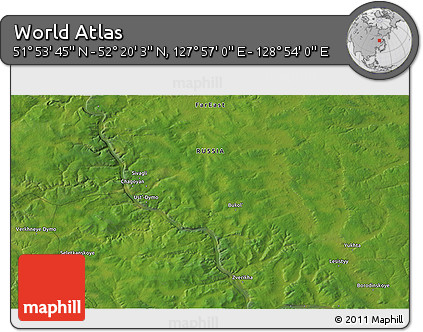 Satellite 3D Map of the Area around 52° 6' 54" N, 128° 25' 30" E