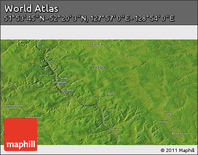 Satellite 3D Map of the Area around 52° 6' 54" N, 128° 25' 30" E