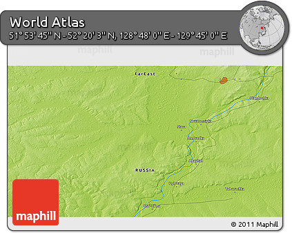 Physical 3D Map of the Area around 52° 6' 54" N, 129° 16' 30" E