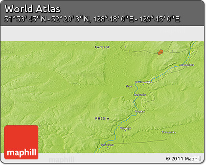 Physical 3D Map of the Area around 52° 6' 54" N, 129° 16' 30" E