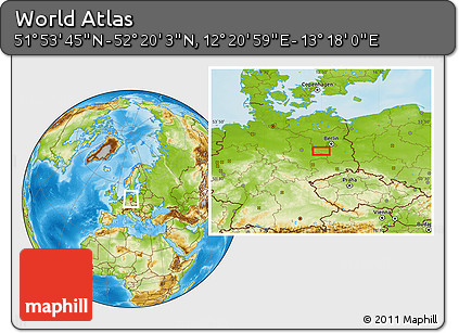 Physical Location Map of the Area around 52° 6' 54" N, 12° 49' 29" E