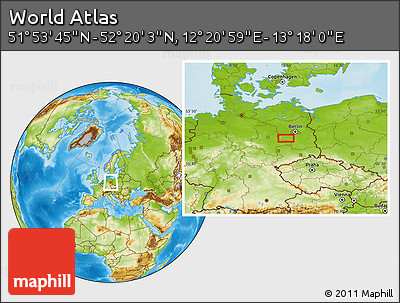 Physical Location Map of the Area around 52° 6' 54" N, 12° 49' 29" E