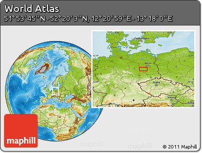 Physical Location Map of the Area around 52° 6' 54" N, 12° 49' 29" E