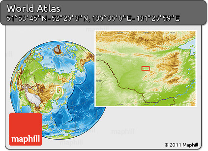 Physical Location Map of the Area around 52° 6' 54" N, 130° 58' 29" E