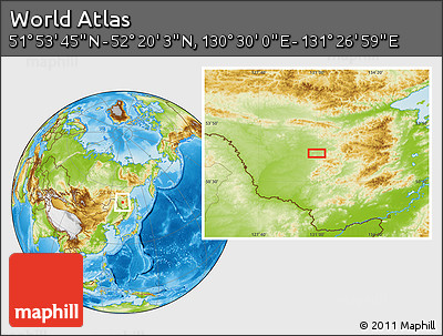 Physical Location Map of the Area around 52° 6' 54" N, 130° 58' 29" E