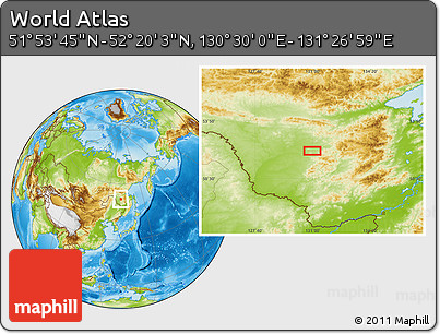 Physical Location Map of the Area around 52° 6' 54" N, 130° 58' 29" E
