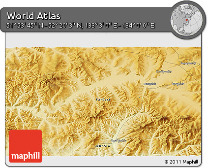 Physical 3D Map of the Area around 52° 6' 54" N, 133° 31' 30" E
