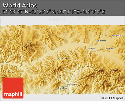 Physical 3D Map of the Area around 52° 6' 54" N, 133° 31' 30" E
