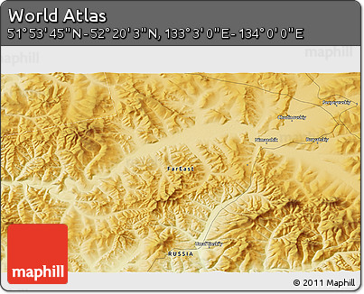 Physical 3D Map of the Area around 52° 6' 54" N, 133° 31' 30" E