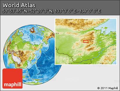 Physical Location Map of the Area around 52° 6' 54" N, 133° 31' 30" E