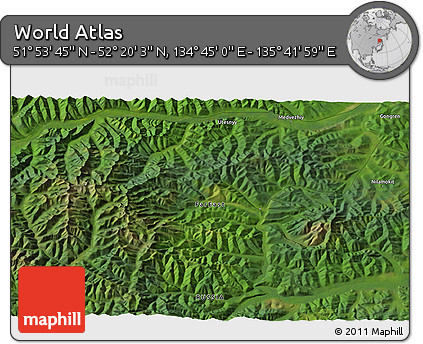 Satellite 3D Map of the Area around 52° 6' 54" N, 135° 13' 29" E