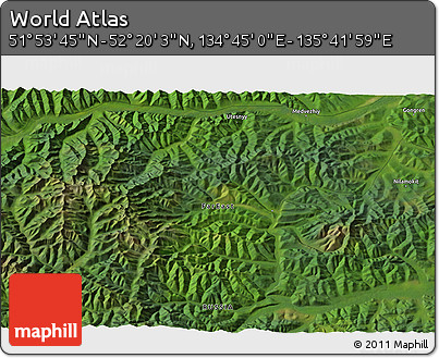 Satellite 3D Map of the Area around 52° 6' 54" N, 135° 13' 29" E