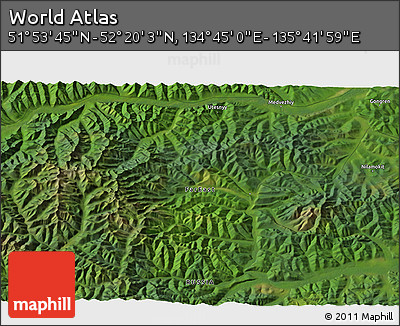 Satellite 3D Map of the Area around 52° 6' 54" N, 135° 13' 29" E