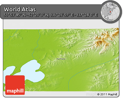 Physical 3D Map of the Area around 52° 6' 54" N, 136° 55' 30" E