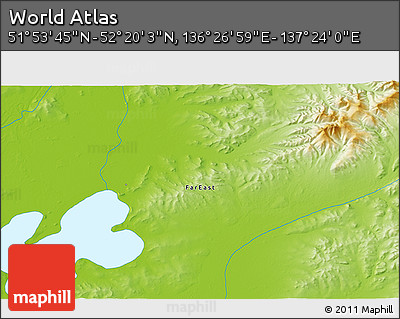 Physical 3D Map of the Area around 52° 6' 54" N, 136° 55' 30" E