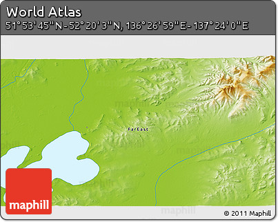 Physical 3D Map of the Area around 52° 6' 54" N, 136° 55' 30" E