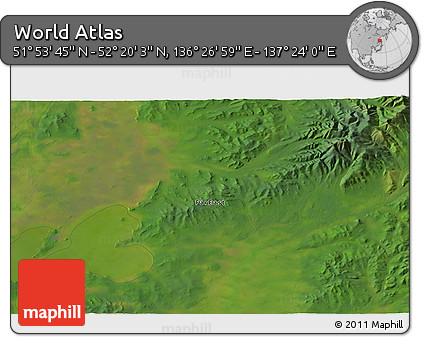 Satellite 3D Map of the Area around 52° 6' 54" N, 136° 55' 30" E