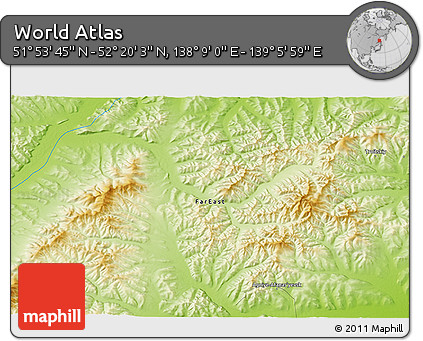 Physical 3D Map of the Area around 52° 6' 54" N, 138° 37' 30" E