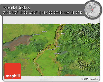 Satellite 3D Map of the Area around 52° 6' 54" N, 140° 19' 29" E