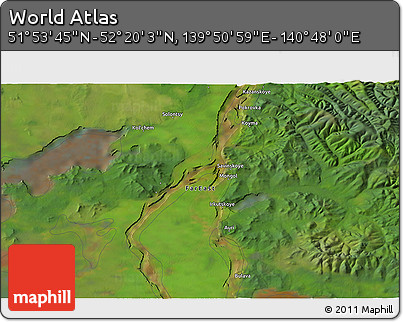 Satellite 3D Map of the Area around 52° 6' 54" N, 140° 19' 29" E