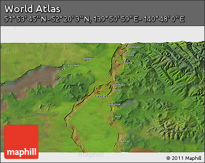 Satellite 3D Map of the Area around 52° 6' 54" N, 140° 19' 29" E