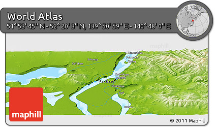 Physical Panoramic Map of the Area around 52° 6' 54" N, 140° 19' 29" E