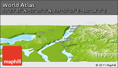 Physical Panoramic Map of the Area around 52° 6' 54" N, 140° 19' 29" E