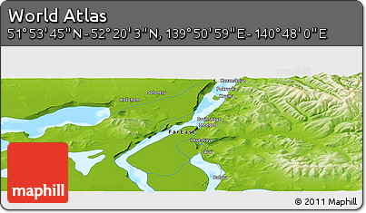 Physical Panoramic Map of the Area around 52° 6' 54" N, 140° 19' 29" E