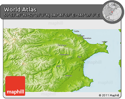 Physical 3D Map of the Area around 52° 6' 54" N, 141° 10' 30" E