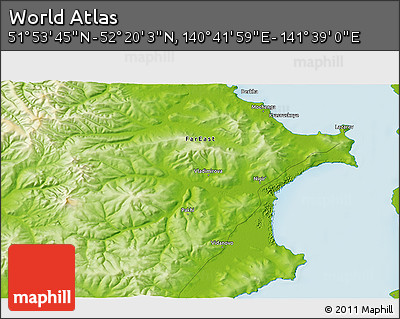 Physical 3D Map of the Area around 52° 6' 54" N, 141° 10' 30" E
