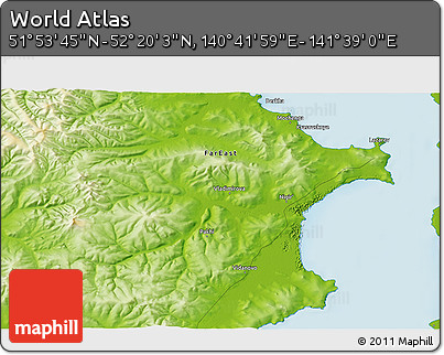 Physical 3D Map of the Area around 52° 6' 54" N, 141° 10' 30" E