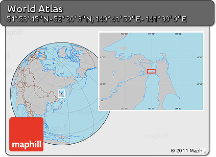 Gray Location Map of the Area around 52° 6' 54" N, 141° 10' 30" E