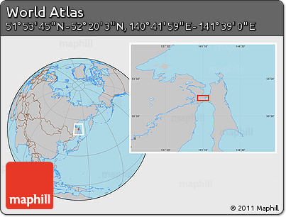 Gray Location Map of the Area around 52° 6' 54" N, 141° 10' 30" E