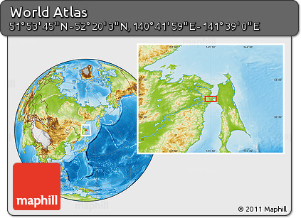 Physical Location Map of the Area around 52° 6' 54" N, 141° 10' 30" E