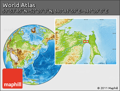 Physical Location Map of the Area around 52° 6' 54" N, 141° 10' 30" E