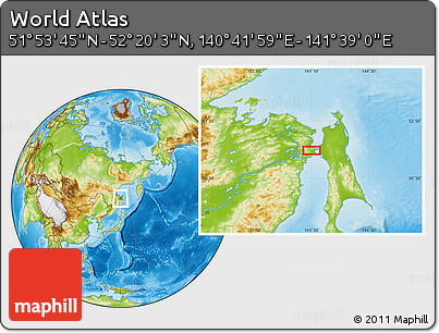 Physical Location Map of the Area around 52° 6' 54" N, 141° 10' 30" E