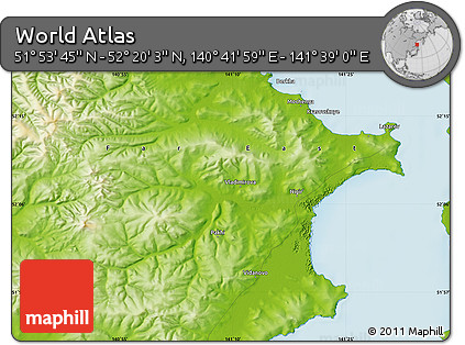 Physical Map of the Area around 52° 6' 54" N, 141° 10' 30" E