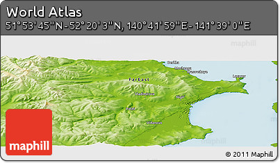 Physical Panoramic Map of the Area around 52° 6' 54" N, 141° 10' 30" E