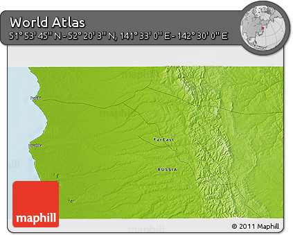 Physical 3D Map of the Area around 52° 6' 54" N, 142° 1' 30" E