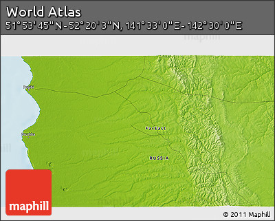 Physical 3D Map of the Area around 52° 6' 54" N, 142° 1' 30" E