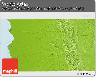Physical 3D Map of the Area around 52° 6' 54" N, 142° 1' 30" E