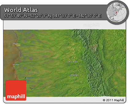 Satellite 3D Map of the Area around 52° 6' 54" N, 142° 1' 30" E
