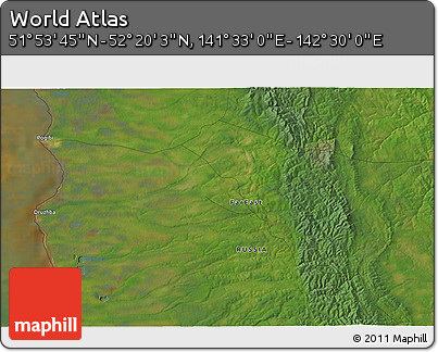 Satellite 3D Map of the Area around 52° 6' 54" N, 142° 1' 30" E