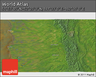 Satellite 3D Map of the Area around 52° 6' 54" N, 142° 1' 30" E