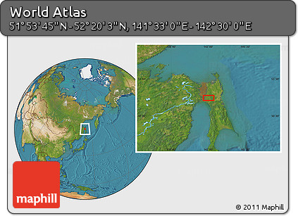 Satellite Location Map of the Area around 52° 6' 54" N, 142° 1' 30" E