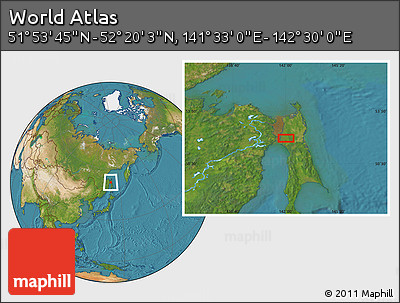 Satellite Location Map of the Area around 52° 6' 54" N, 142° 1' 30" E